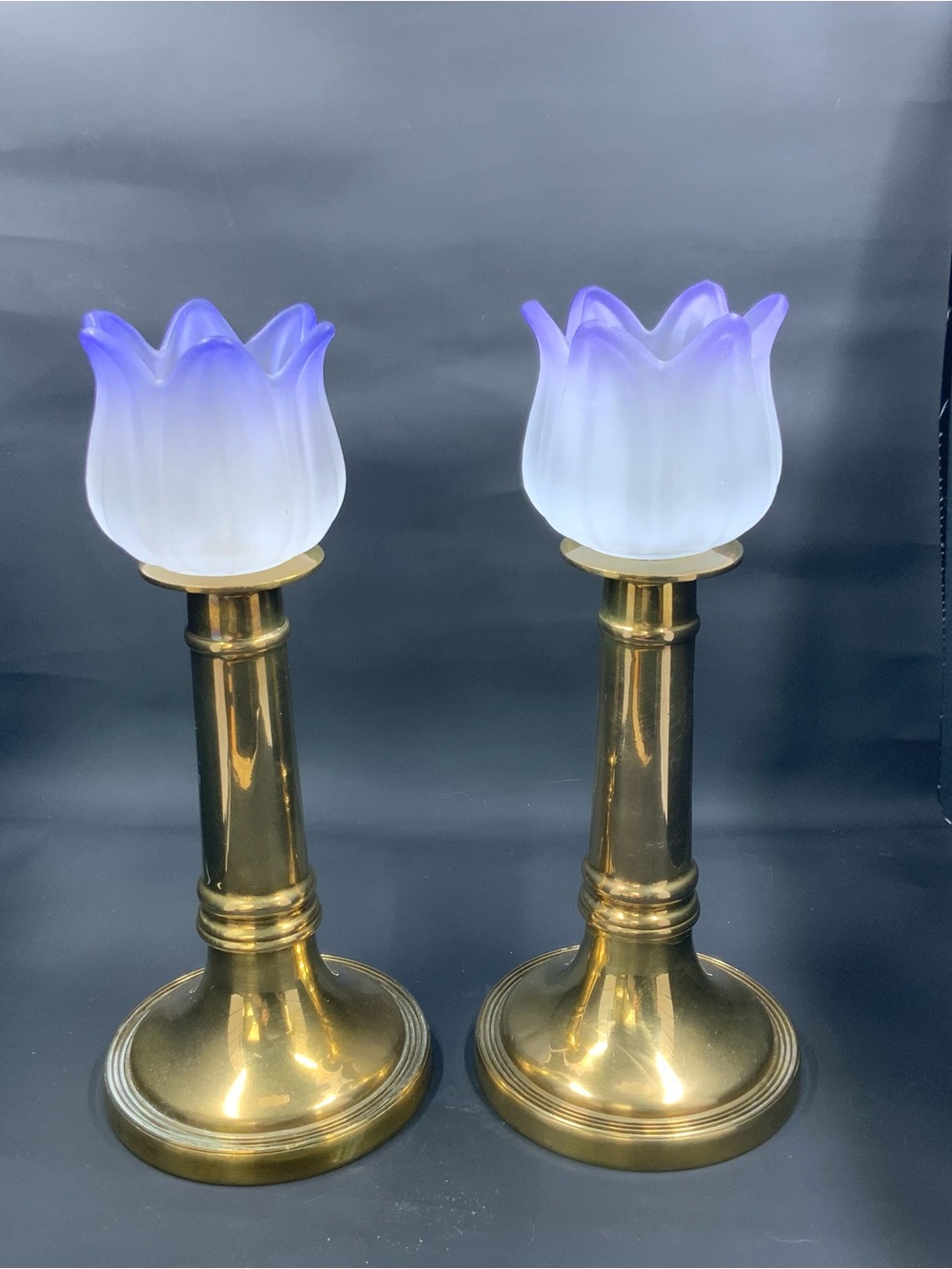 Vintage Brass Tulip Candle Holders with Purple-White Glass Shades